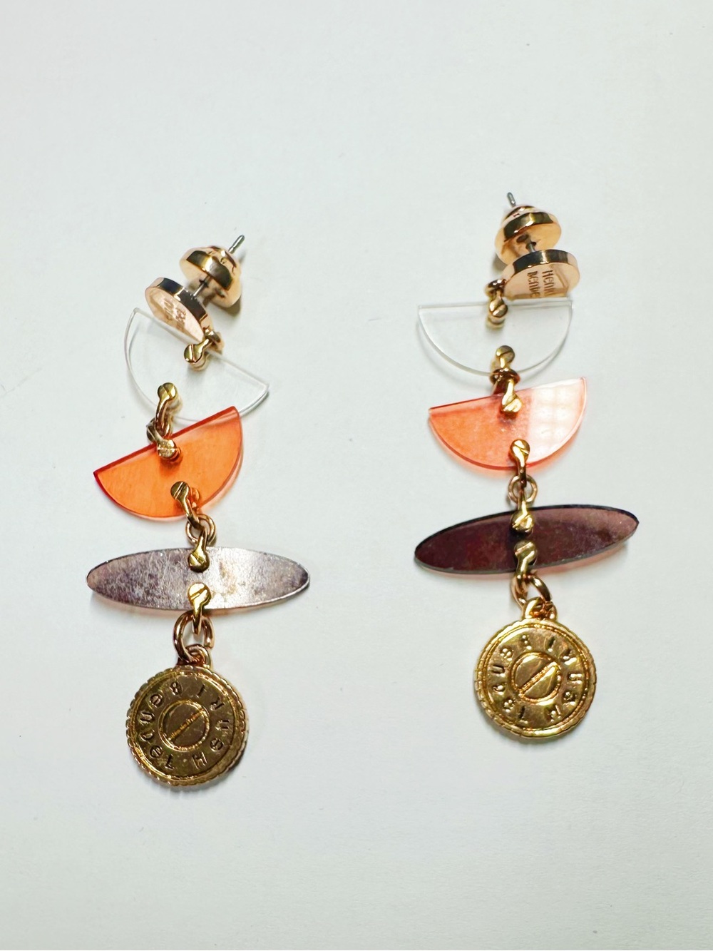 Henry Bendel Gold Tone Dangle Earrings with Orange and Purple Accents